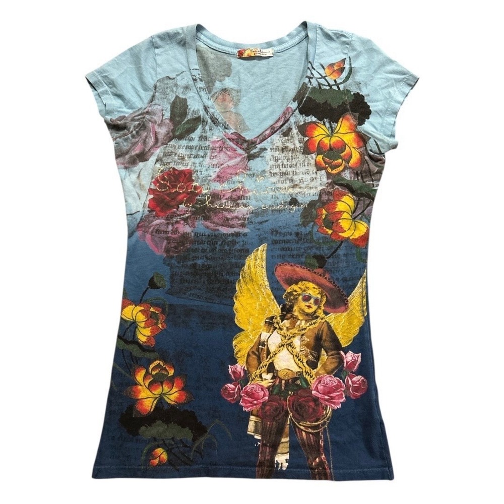 Paco Chicano by Christian Audigier Woman's Med Y2K Authentic V-Neck Angel Wings